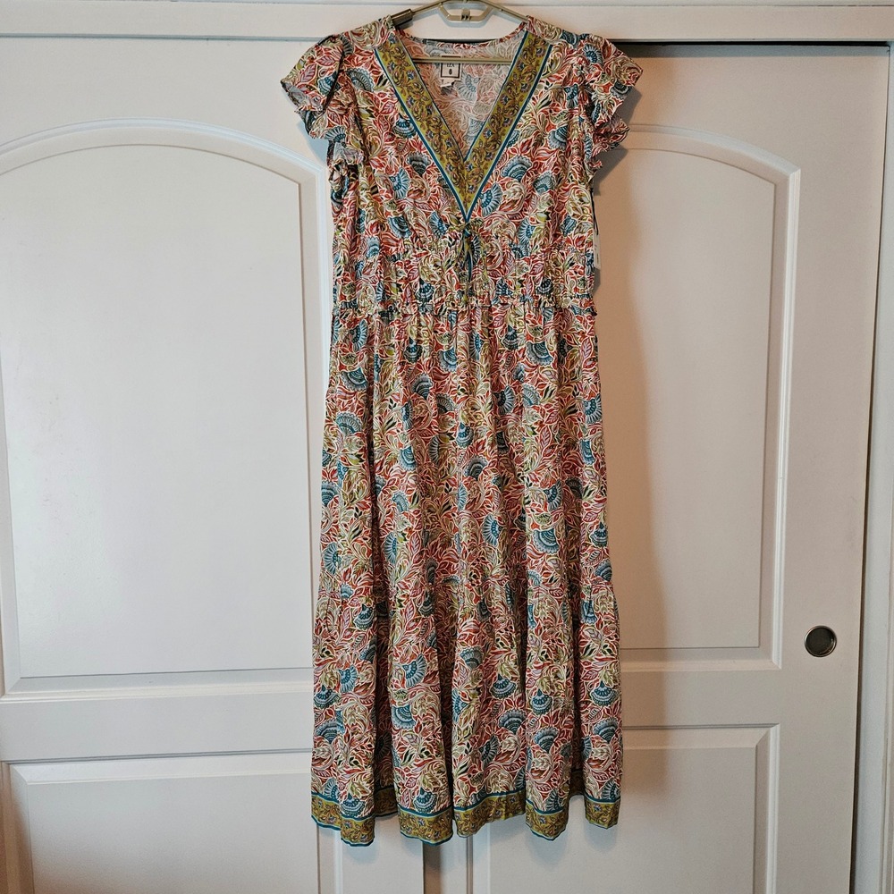 Lea Maxi Dress 2X Floral Tiered V-Neck Flutter Pockets Boho Cottage Peasant